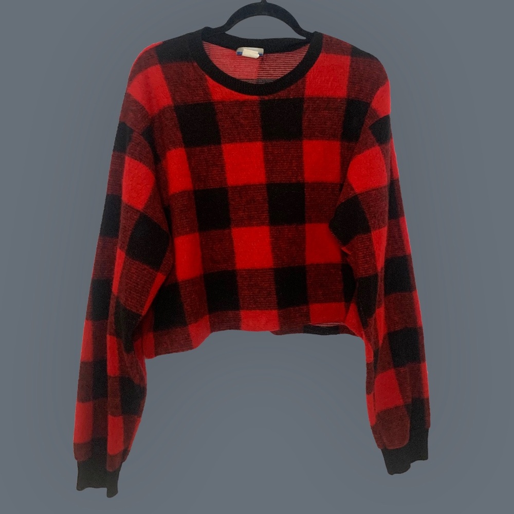 Red and Black Plaid Cropped Sweater